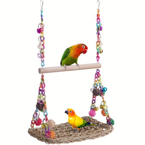 Baloiço de Rede para Passaros - 1pc Bird Supplies, Bird Hammock Swing With Rattan Ball Colorful Chain - Image 3