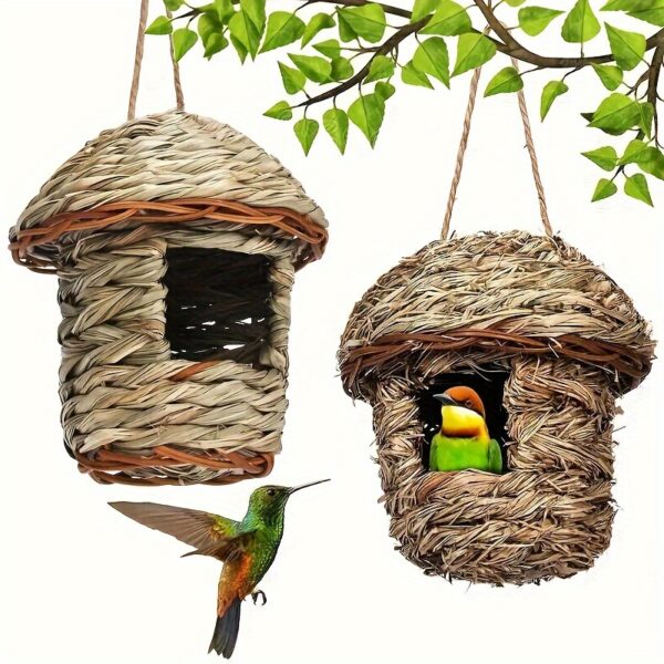 Ninho de Fibra Natural para Passaros - 1pc Natural Grass Woven Bird House, Hanging Garden Decoration Pet Straw Bird Nest Bird House