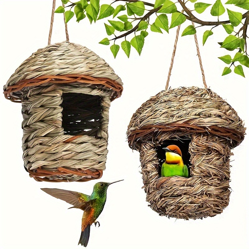 Ninho de Fibra Natural para Passaros – 1pc Natural Grass Woven Bird House, Hanging Garden Decoration Pet Straw Bird Nest Bird House