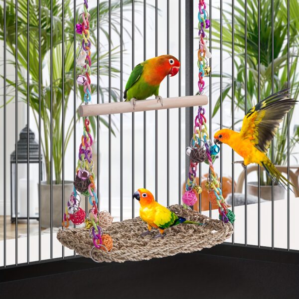 Baloiço de Rede para Passaros - 1pc Bird Supplies, Bird Hammock Swing With Rattan Ball Colorful Chain