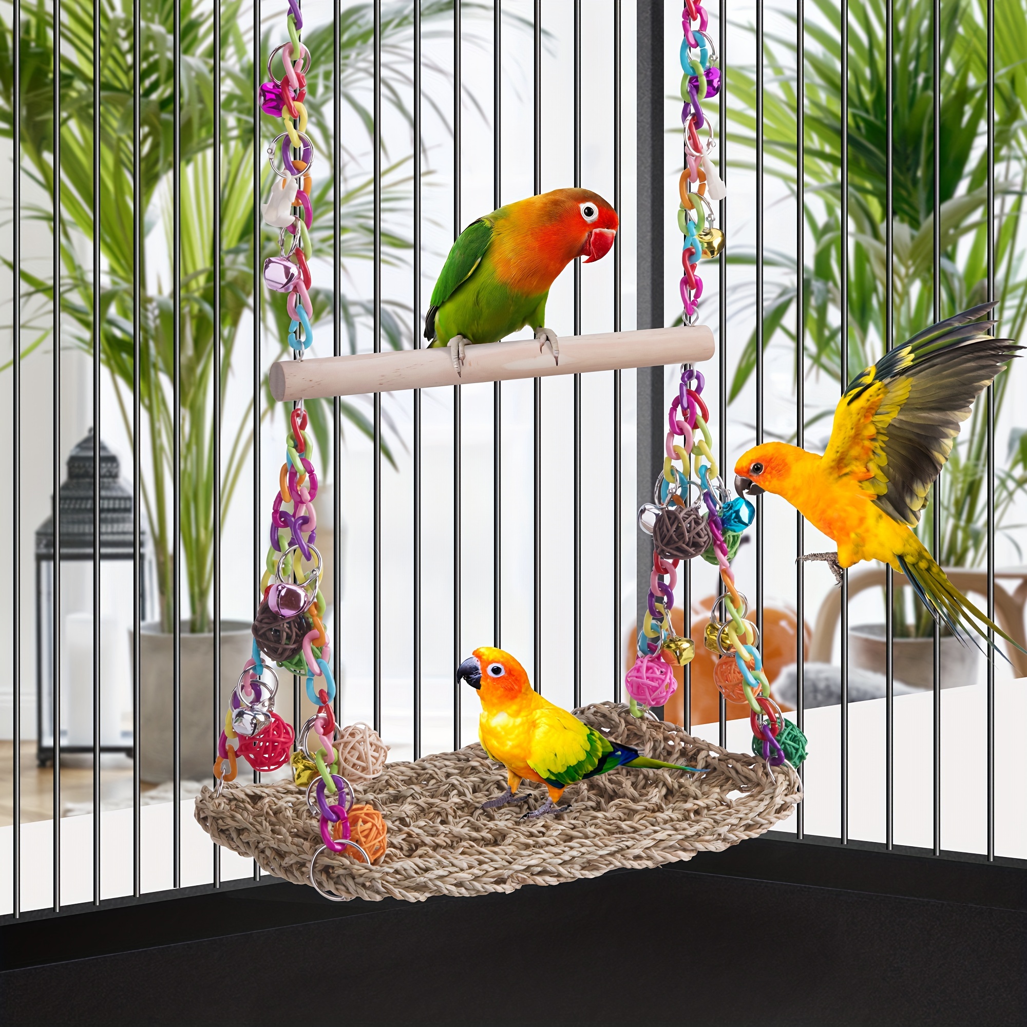 Baloiço de Rede para Passaros – 1pc Bird Supplies, Bird Hammock Swing With Rattan Ball Colorful Chain